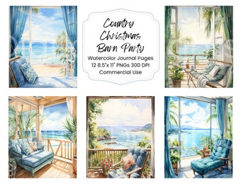Watercolor Seaside Digital Paper: Beach Ocean Scenery (12 PNG Files)