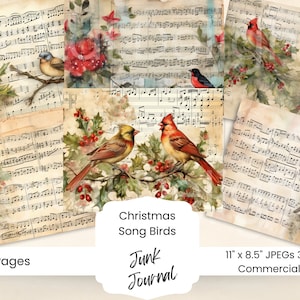 Partition oiseaux de Noël Junk Journal vintage Cardinal d'hiver en téléchargement numérique Kit éphémère imprimable double pages Chants de Noël oiseaux cartes
