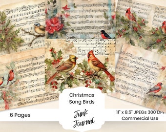 May include: Six digital paper pages featuring vintage sheet music with red cardinals, bluebirds, and holly berries. The text "Christmas Song Birds" and "Junk Journal" is included. The pages are 11 inches by 8.5 inches and 300 DPI.