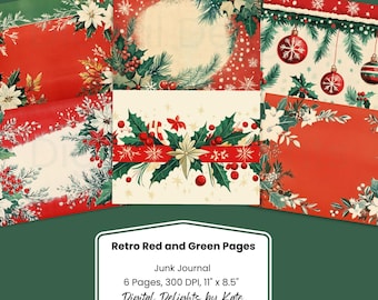 Puede incluir: Seis páginas de diario de arte retro en rojo y verde, con diseños navideños de acebo, copos de nieve y adornos. Las páginas muestran el texto «Retro Red and Green Pages» y «Digital Delights by Kate».