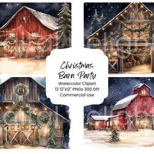 Country Christmas Barn Party Clipart acuarela paquete de papel digital 12 PNG Holiday Red Barn Journal páginas Craft Scrapbook fondo