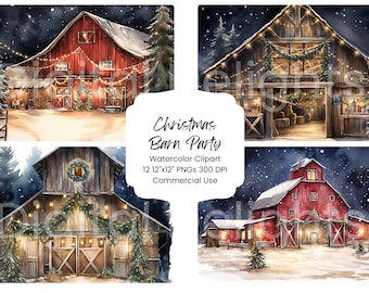Christmas Barn Watercolor Clipart Pack, 12 Festive Farmhouse PNG Designs (Digital Download)