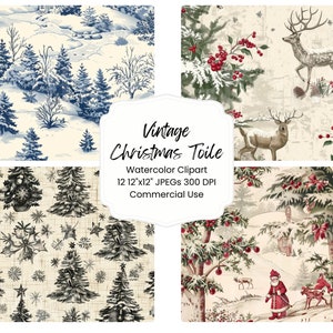 Vintage Navidad Toile acuarela paquete de papel digital 12 JPEG vacaciones retro victoriano diario páginas artesanía álbum de recortes fondo festivo