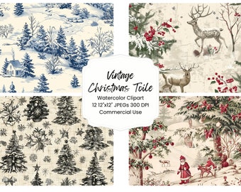 Vintage Christmas Toile Watercolor Digital Paper Bundle 12 JPEG Holiday Retro Victorian Journal Pages Craft Scrapbook Background Festive