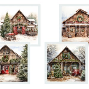 Christmas barn digital graphic set for sublimation — hand-painted watercolor holiday barns with red doors, evergreens, and cottagecore farmhouse aesthetic