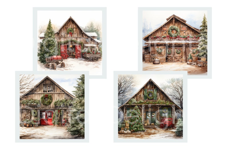 Christmas barn digital graphic set for sublimation — hand-painted watercolor holiday barns with red doors, evergreens, and cottagecore farmhouse aesthetic