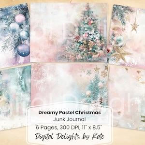 Pagina stampabile di diario di Natale Shabby Chic pastello da sogno, kit per le vacanze, foglio di collage digitale, download istantaneo, effimeri invernali fai da te