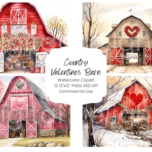 Può includere: Quattro illustrazioni ad acquerello di fienili rossi con dettagli a forma di cuore. I fienili sono decorati con fiori, ghirlande e neve. Il testo "Country Valentines Barn" è scritto in un cerchio bianco sull'immagine.