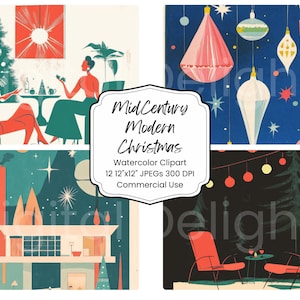 Mid-Century Christmas Digital Paper: Retro Holiday Illustrations (Digital Download)
