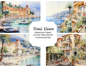 Imágenes prediseñadas de acuarela de un pueblo costero, puerto mediterráneo en formato PNG, arte de viajes (descarga digital)