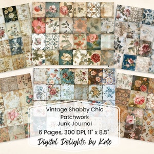 Könnte beinhalten: Sechs digitale Seiten mit Vintage-Blumen-Patchwork-Designs, perfekt für Junk-Journaling. Jede Seite ist 28 cm x 21,6 cm groß und hat 300 DPI.
