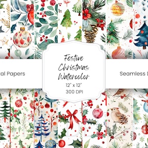 Papel digital de Natal em aquarela para impressão, coisas efêmeras de Natal, páginas de Natal de Fantasy Noel, download de Junk Journal, scrapbooking, criação de cartões
