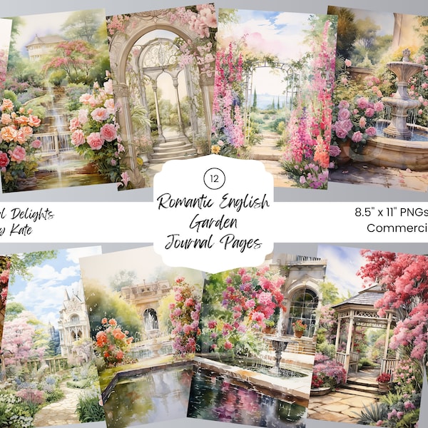 Romantic English Garden Watercolor 12 png Background Junk Journal Card Making Scrapbook Paper Digital  Flower Rose Ephemera Printable Paper