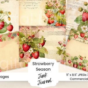 Strawberry Journal Pages Digital Junk Journal Strawberry Background Card Making Scrapbook Paper Digital Kit Printable Ephemera Paper DIY