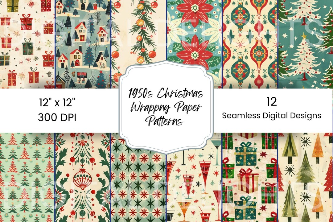1950s Christmas Wrapping Paper Patterns – 12 Seamless Retro Digital ...