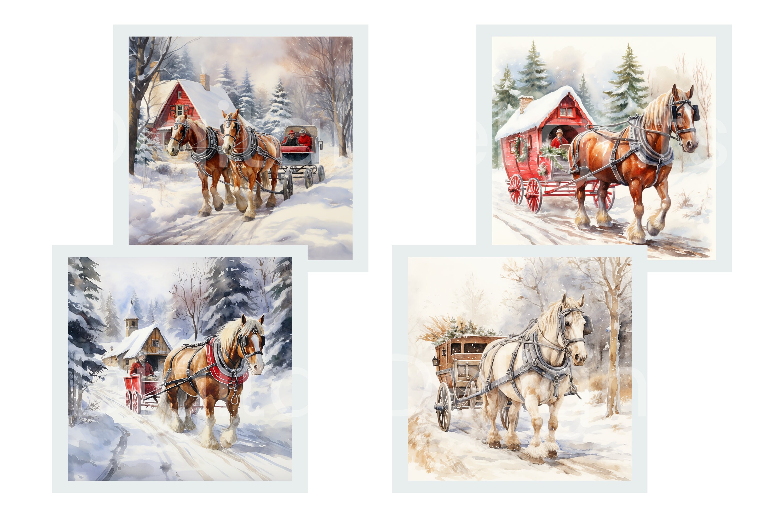 Christmas Horse and Carriage Watercolor Clipart: Holiday PNG Bundle - Etsy