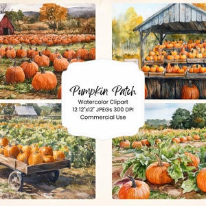 Könnte beinhalten: Vier Aquarell-Illustrationen eines Kürbisfeldes. Das erste Bild zeigt eine rote Scheune und ein Feld mit Kürbissen. Das zweite Bild zeigt einen Stand mit Kürbissen zum Verkauf. Das dritte Bild zeigt einen Wagen voller Kürbisse. Das vierte Bild zeigt eine Nahaufnahme von Kürbissen auf dem Feld. Pumpkin Patch Watercolor Clipart 12"x12" JPEGs 300 DPI Commercial Use