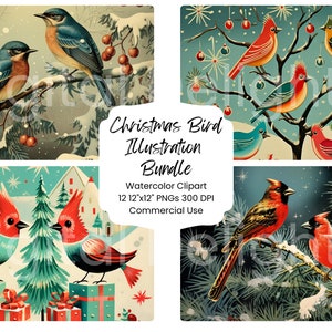 Noël oiseau Illustration Bundle Clipart aquarelle papier numérique PNG vacances Journal Pages artisanat Scrapbooking Texture fond hiver