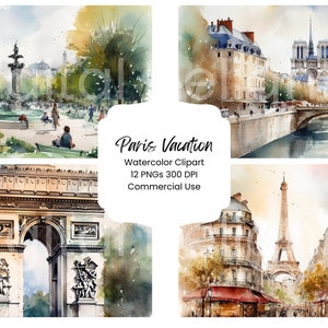 Paris vacances aquarelle numérique papier Bundle 12 PNG JPG fichiers aquarelle parisien Tour Eiffel paysage numérique artisanat Scrapbooking Texture