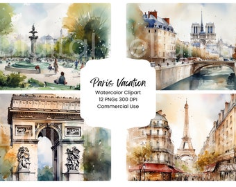 Paris Vacation Watercolor Digital Paper Bundle 12 PNG JPG Files Watercolor Parisian Eiffel Tower Scenery Digital Craft Scrapbooking Texture