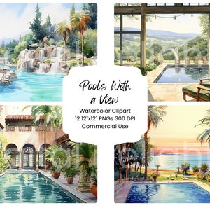 Pools mit Aussicht Aquarell Digitales Papier Bundle 12 PNG Dateien Schwimmbad Strand Meer Landschaft Journal Handwerk Scrapbook Sommerferien