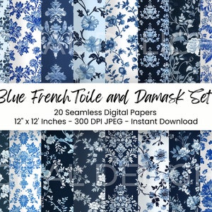 French Blue Toile de Jouy and Damask Seamless Digital Paper Printable Vintage Floral Pattern Scrapbooking Junk Journal Kit Instant Download