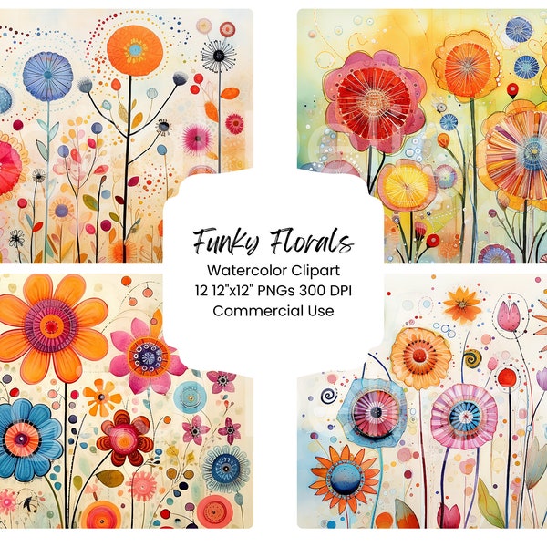 Funky Florals Digital Paper Bundle 12 PNG  Files Bright Fun Watercolor Journal Retro Vintage Digital Craft Scrapbooking Texture Background