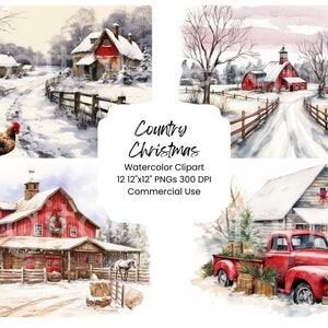 Quiet Country Christmas Clipart Aquarela Digital Paper Bundle 12 PNG Holiday Red Barn Journal Pages Craft Scrapbook Background Festivo