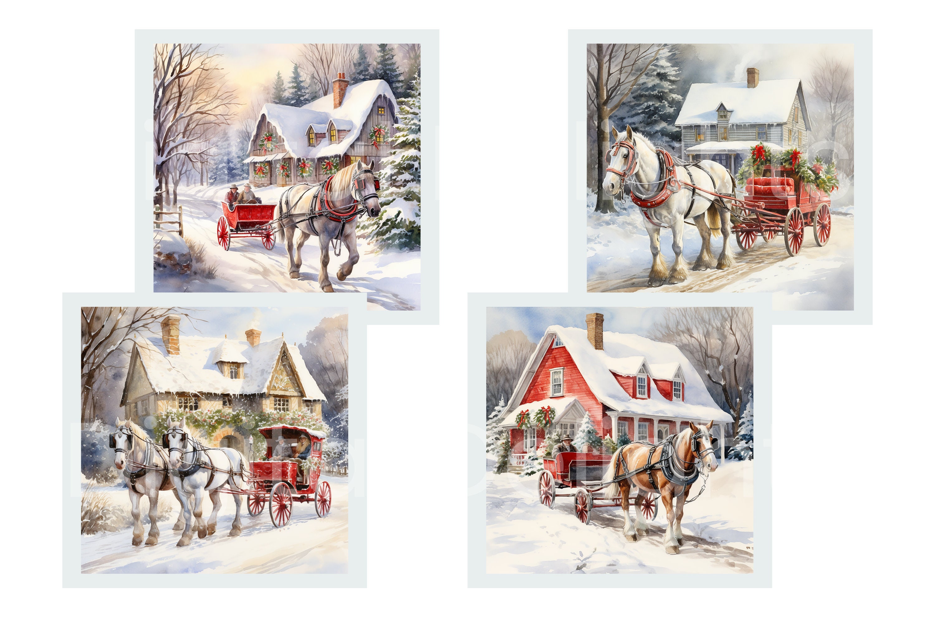 Christmas Horse and Carriage Watercolor Clipart: Holiday PNG Bundle - Etsy