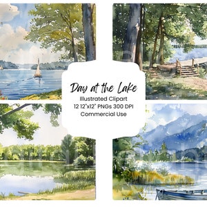 Tag am See Sommer Urlaub Aquarell Digitales Papier Bundle 12 PNG JPG Aquarell Junk Journal Landschaft DIY Handwerk Sammelalbum Printable