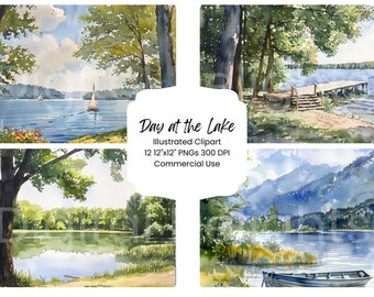 Watercolor Lake Scenery Digital Paper Set (PNG JPG)