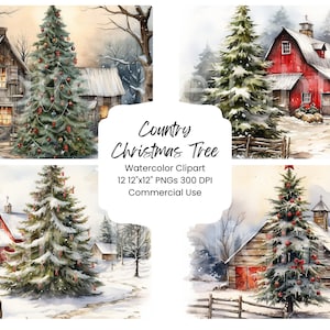 Land kerstboom clipart aquarel digitale papier bundel 12 PNG vakantie rode schuur dagboek pagina's ambachtelijke scrapbook achtergrond feestelijk