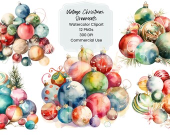 Vintage Christmas Ornament Clipart, Watercolor Holiday Decor, Retro Festive PNG (Digital Download)