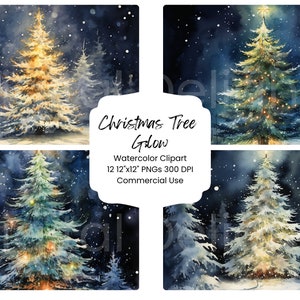 Gloeiende kerstboom clipart aquarel digitale papier bundel 12 PNG vakantie feestelijke pagina ambachtelijke scrapbooking textuur achtergrond nacht sneeuw