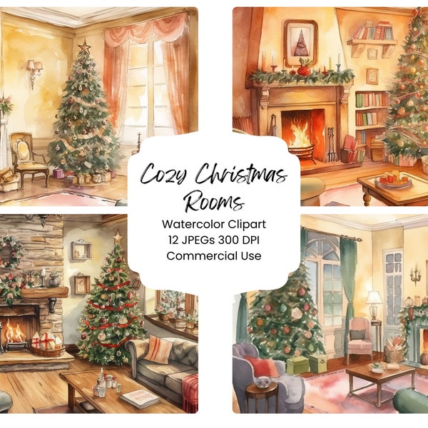 Cozy Christmas Room Clipart Watercolor Digital Paper Bundle 12 JPEG Holiday Journal Pages Craft Scrapbooking Texture Background Holiday