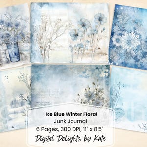 Diário de lixo chique e gasto de inverno floral azul gelado, página para impressão, kit de férias, papel, folha de colagem digital, download instantâneo, itens efêmeros de inverno, faça você mesmo