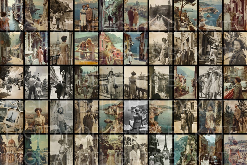 Antique sightseeing photography digital paper collection — shabby vintage European architecture pages for junk journal collage projects