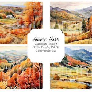 Autumn Hills Watercolor Clipart: Fall Scenery PNG Bundle (Digital Download)