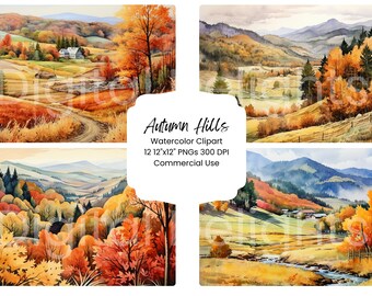 Watercolor Autumn Countryside Clipart Pack, 12 Rustic Fall Landscape PNG (Digital Download)