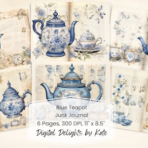 Blue Teapot Junk Journal Kit: Vintage Tea Party Ephemera (Digital Download)