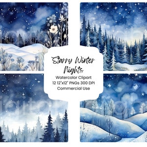 Noche estrellada de invierno Clipart acuarela paquete de papel digital 12 PNG vacaciones Navidad diario páginas artesanía álbum de recortes fondo festivo