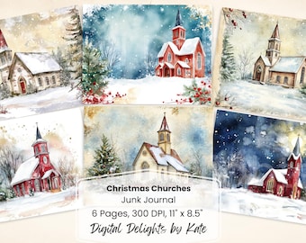 May include: Six digital printable pages featuring watercolour illustrations of snowy churches. Each page is 11 inches by 8.5 inches and 300 DPI. The pages are perfect for creating a junk journal.