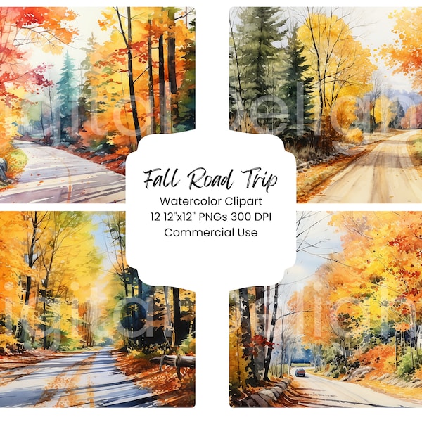 Fall Scenic Road Trip Digital Paper Bundle 12 PNG Files Clipart Autumn Foliage Watercolor Scenery Digital Craft Scrapbook Texture Journal