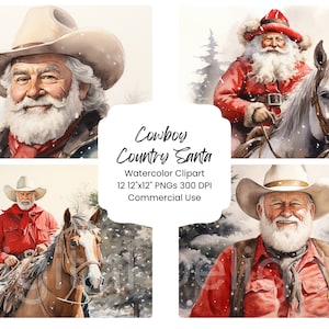 Cowboy Santa Western Country Party Clipart Acquerello Carta digitale Bundle 12 PNG Vacanze Cavallo Diario Pagine Craft Scrapbook Background