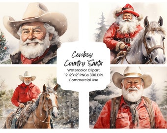 May include: A digital illustration of a cowboy Santa Claus wearing a red shirt, a white cowboy hat, and a white beard. He is riding a white horse through a snowy forest. The image is part of a set of 12 watercolor clipart images.