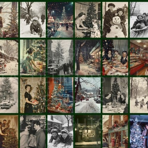Mid-century festive photo printable pages for scrapbooking — 32-page digital paper bundle featuring nostalgic Christmas moments in warm colorized and black-and-white