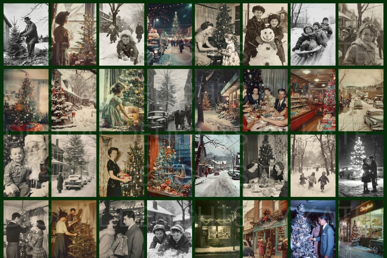 Mid-century festive photo printable pages for scrapbooking — 32-page digital paper bundle featuring nostalgic Christmas moments in warm colorized and black-and-white