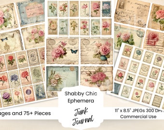 May include: A digital collage sheet with 6 pages of vintage-style images featuring roses, butterflies, and handwritten text. The images are in shades of pink, blue, and green, with a distressed, aged look. The sheet is labeled "Shabby Chic Ephemera" and "Junk Journal".
