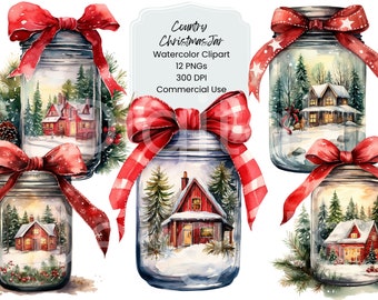 Christmas Mason Jar Clipart: Watercolor Holiday PNG Bundle (Digital Download)