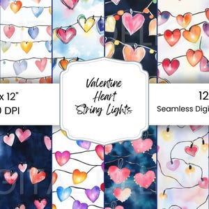 Papel digital com luzes de corda de coração de dia dos namorados - 12 papéis de scrapbook 12x12 sem costura para fazer cartões, artesanato e projetos DIY sem costura digital